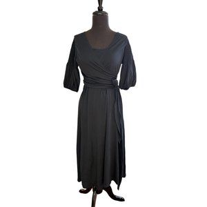 Theory Black Cotton Wrap Dress with Balloon Short Sleeves Size L